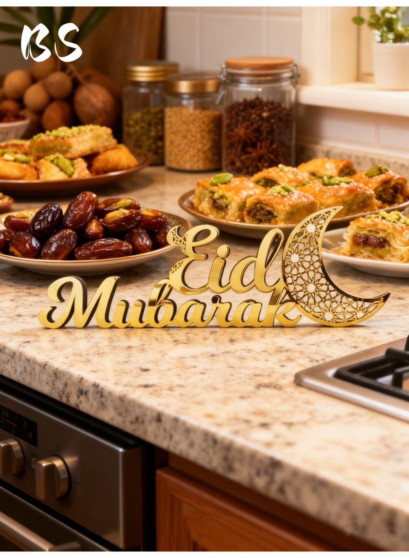 2026 Ramadan Eid al-Fitr Decorative Sign | Wooden and Acrylic Material | Islamic Muslim Style Tabletop Ornament | Gold 3D Letters | Indoor Home Party and Dining Table Decoration
